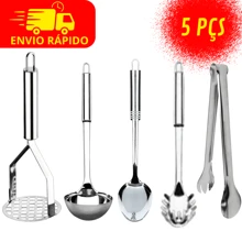 Jogo de Utensílios de Cozinha em Inox Premium  Colher de Arroz + Concha de Cozinha + Pegador de Salada + Pegador de Massas e Amassador de Batatas - Prata - Visão 1