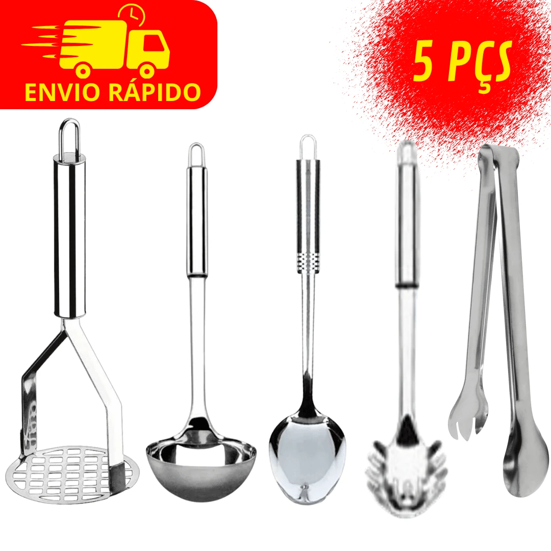 Jogo de Utensílios de Cozinha em Inox Premium Colher de Arroz + Concha de Cozinha + Pegador de Salada + Pegador de Massas e Amassador de Batatas - Prata - Visão 1