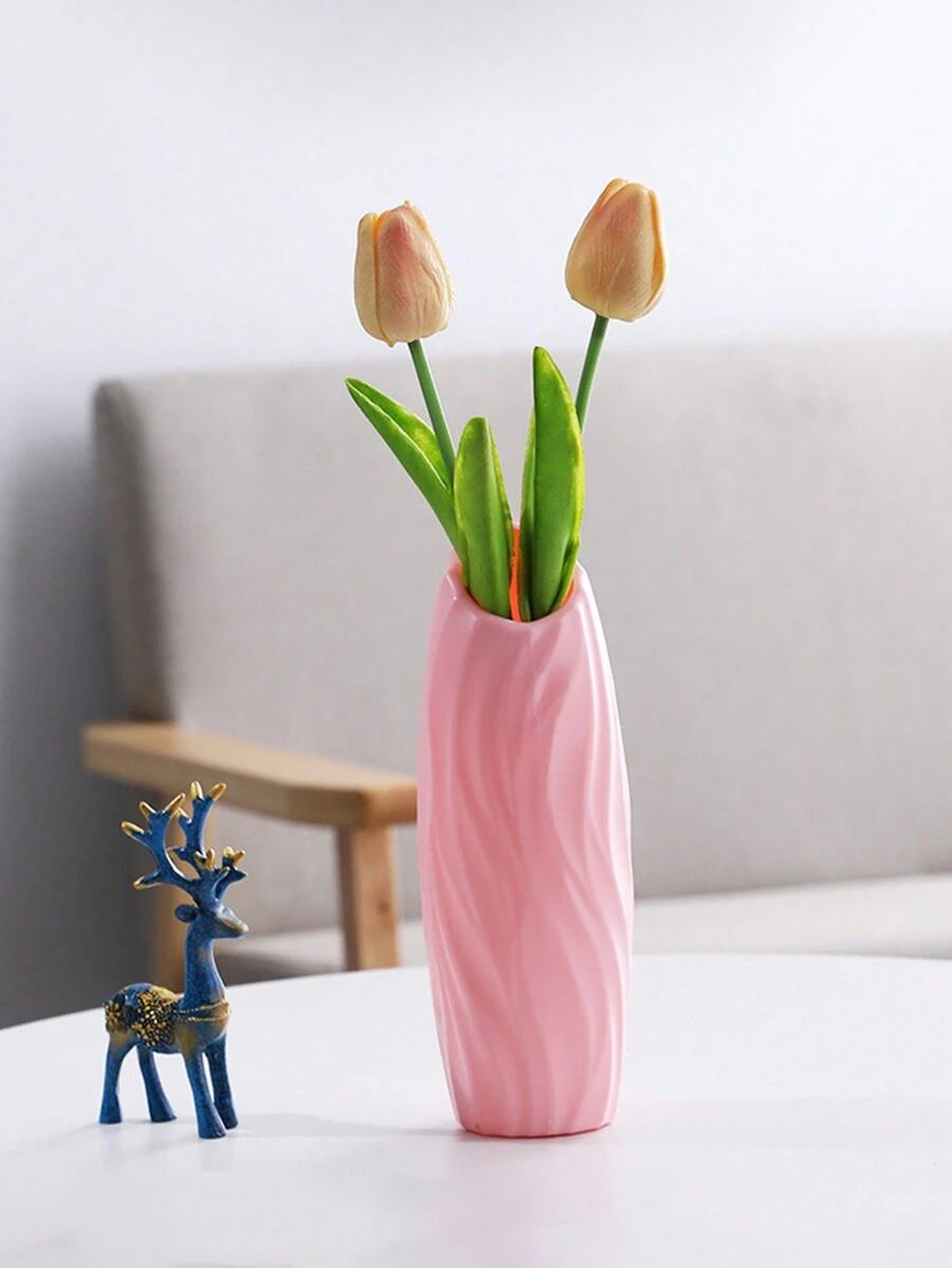 1入組塑料花瓶,適用於桌面和客廳裝飾,圓口設計可放乾花或鮮花 - 粉色 - 查看 1