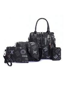 4入組手提包,包,卡片夾等,織物幾何圖案拉鍊pu,非常適合辦公室,工作和通勤等場合 - 黑色 - 查看 3