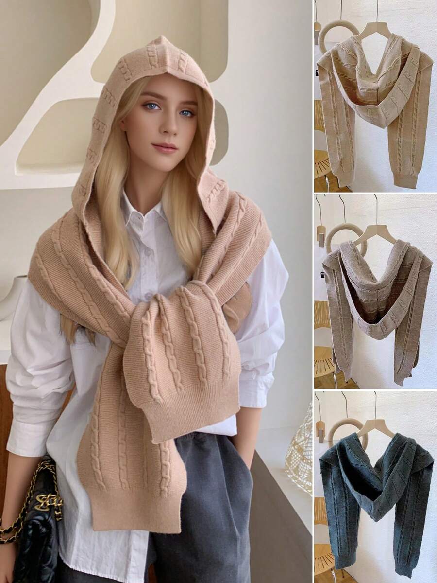 Women's Twisted Knit Hooded Shawl, Multipurpose Cape For Photography, Spring, Summer, Autumn & Winter - Camel - View 1