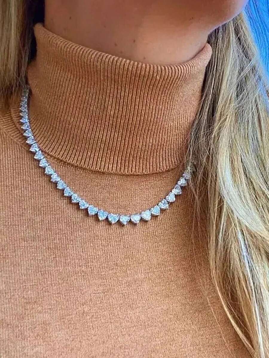 1枚時尚休閒心形立方氧化鋯垂墜項鍊,適合女性,在夏季沙灘派對上完美展現 - 白色 - 查看 1