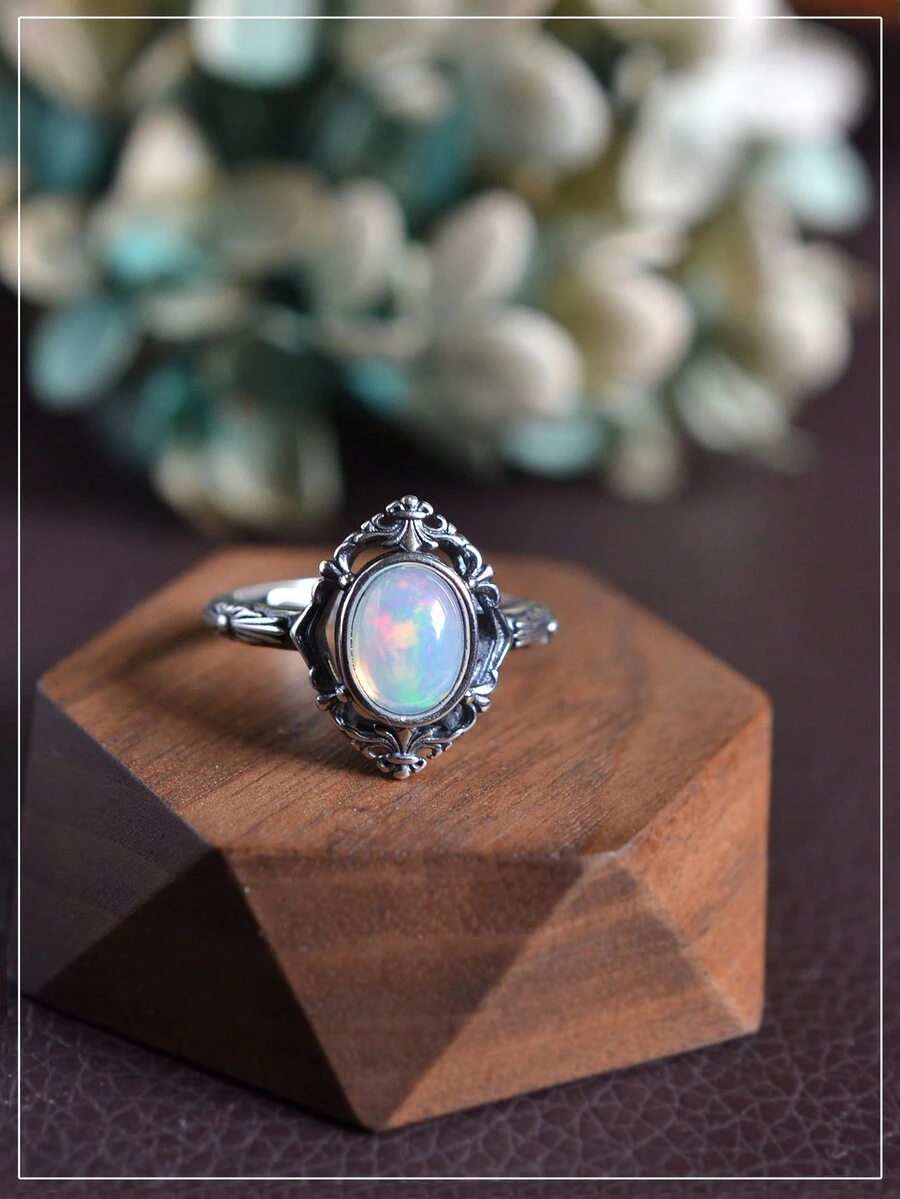 1 Miếng Retro Thủ công 5A Chất lượng Tự nhiên Opal Bạc 925 Nhẫn Đối với phụ nữ , Mặc hàng ngày - Kiểu mở B có thể điều chỉnh được - Xem 1