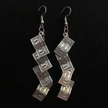 1對時尚多變的復古美元女式垂墜耳環,嘻哈風格打印長流蘇吊墜 - 復古銀色 - 查看 11