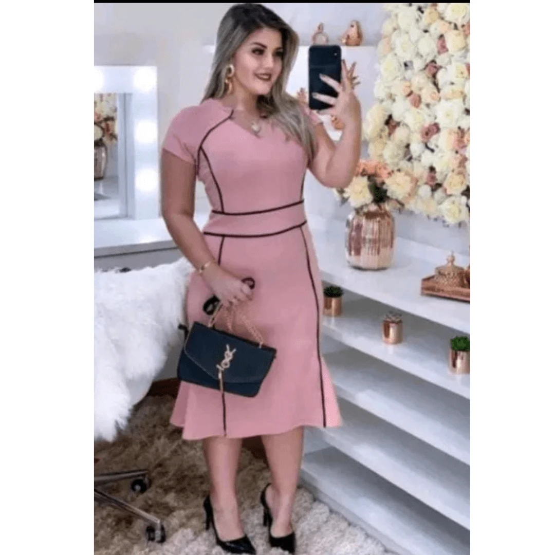 Vestido Feminino Plus Size Midi Evangelico Festa Social Top Rose - Rosê - Visão 1