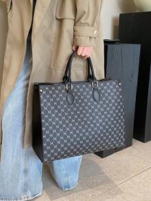 新款時尚純色pu防水布料大容量對比設計字母圖案裝飾設計雙手提袋適用於旅遊,購物和通勤。適合辦公室,工作和上下班使用 - 黑色 - 查看 3