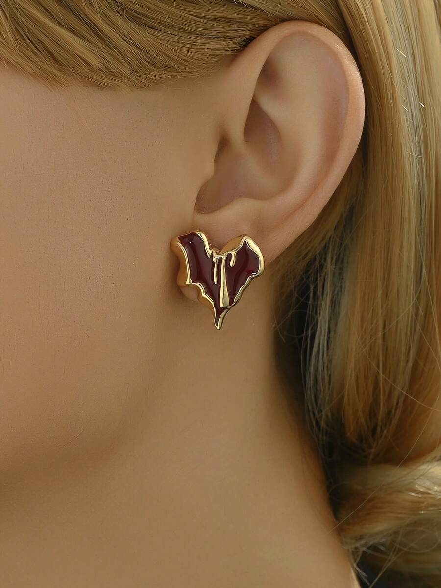 1pair Heart Shaped Lava Stone Fashionable Uncommon Design Exquisite High-End Earrings Suitable For Women's Daily Wear - Multicolor - View 1