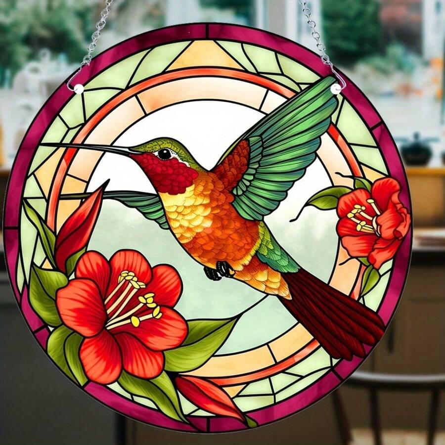 1入組,蜂鳥＆紅白花窗掛陽光板,春夏家居裝飾,廚房裝飾,陽台裝飾,門壁吊飾,聖誕禮物/新年禮物/情人節禮物 - 彩色 - 查看 1