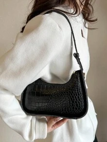 New Crocodile Pattern Simple & Fashionable Commute Shoulder Bag, Ideal For Women, Daily, Work, Casual, Date, Gift - Black - View 5