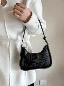 New Crocodile Pattern Simple & Fashionable Commute Shoulder Bag, Ideal For Women, Daily, Work, Casual, Date, Gift - Black - View 6