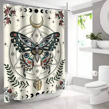 1pc Eye Design Butterfly & Moon & Floral Branches Printed Waterproof Shower Curtain, Bathroom Partition Decor - Multicolor - View 3