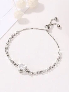 1pc Bride Style European And American Fashionable And Elegant Heart Adjustable Bracelet For Women, Versatile Street Style - Silver - View 5