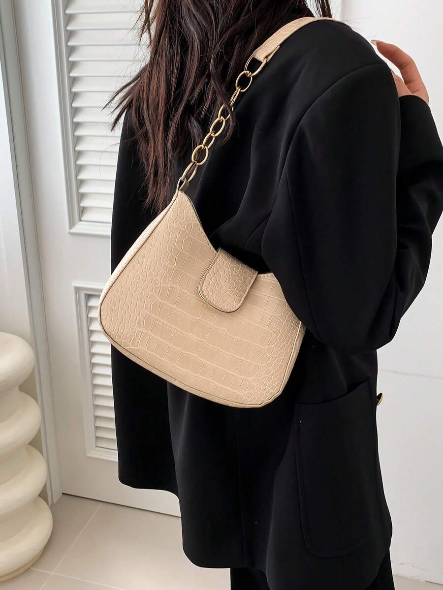 米色pu優雅簡約鱷魚紋肩背包,可容納大量物品,鏈條裝飾和扣環設計。適用於女性的日常上下班、購物、旅遊、假日、聚會、化妝存儲,以及作為送給女友或女性朋友的禮物,應節日或生日需求選擇。是時尚青年和時髦人士的流行時尚單品。 - 米色 - 查看 1