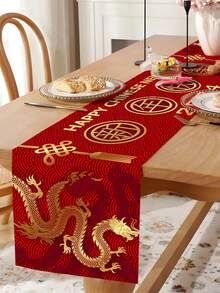 1pc Thickened Polyester Red & Gold Dragon Pattern Chinese New Year Table Runner, 2024 New Year Party Decor Background Table Runner, Home Party Supplies Tablecloth - Red - View 6
