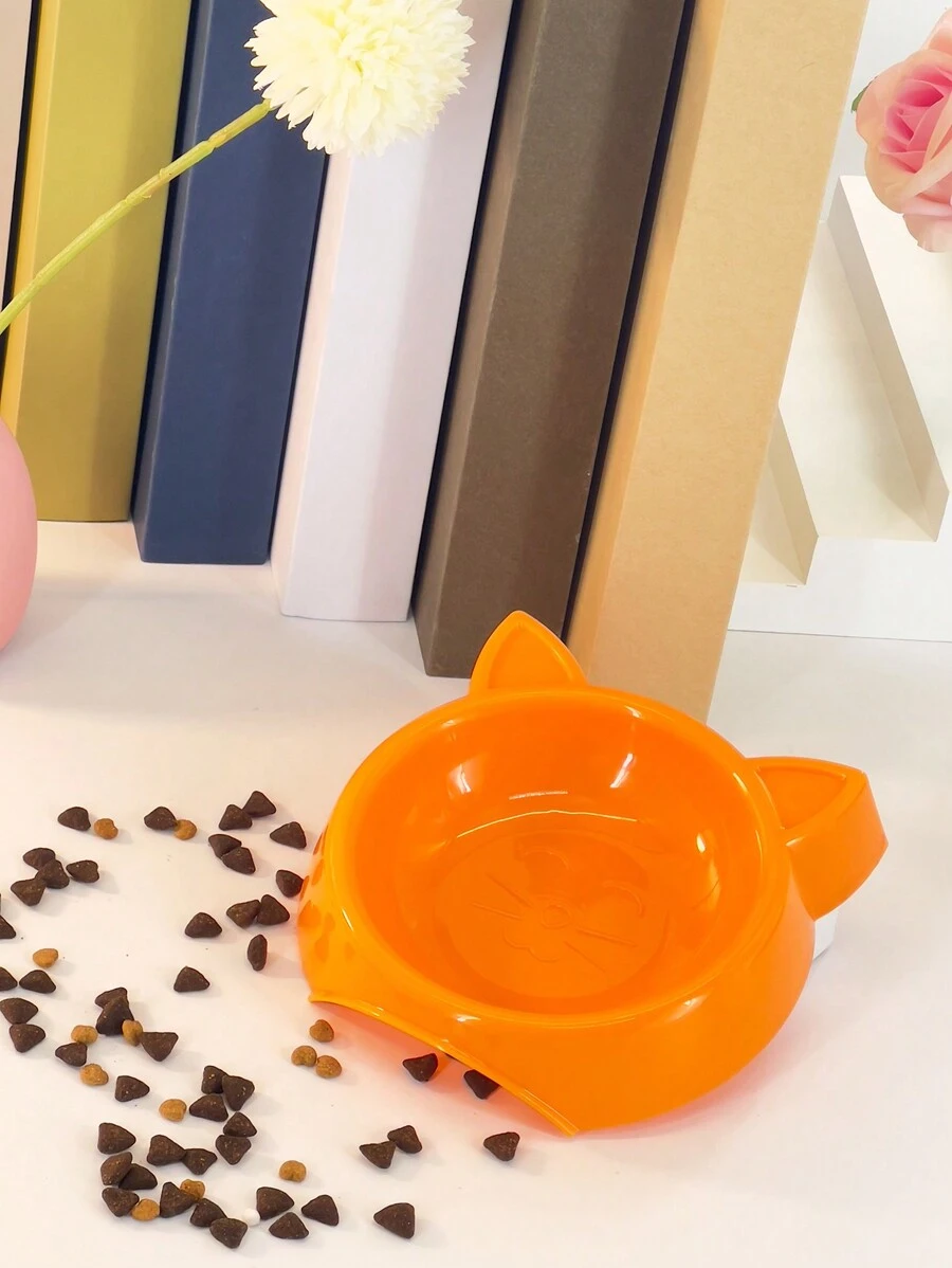 1只塑料寵物碗,卡通貓臉設計,易於清潔,防傾倒,適用於貓狗,橘色 - 橘色 - 查看 1