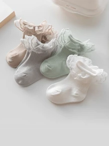 4pairs/Pack Children's Double Needle Comfortable Frilled Lace Cuff Ankle Socks, Loose Mouth For Newborn Baby Girls - Multicolor - View 3
