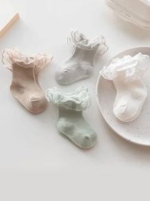 4pairs/Pack Children's Double Needle Comfortable Frilled Lace Cuff Ankle Socks, Loose Mouth For Newborn Baby Girls - Multicolor - View 4