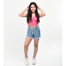 Teen Girls Denim Shorts - 淺色水洗藍 - 查看 3