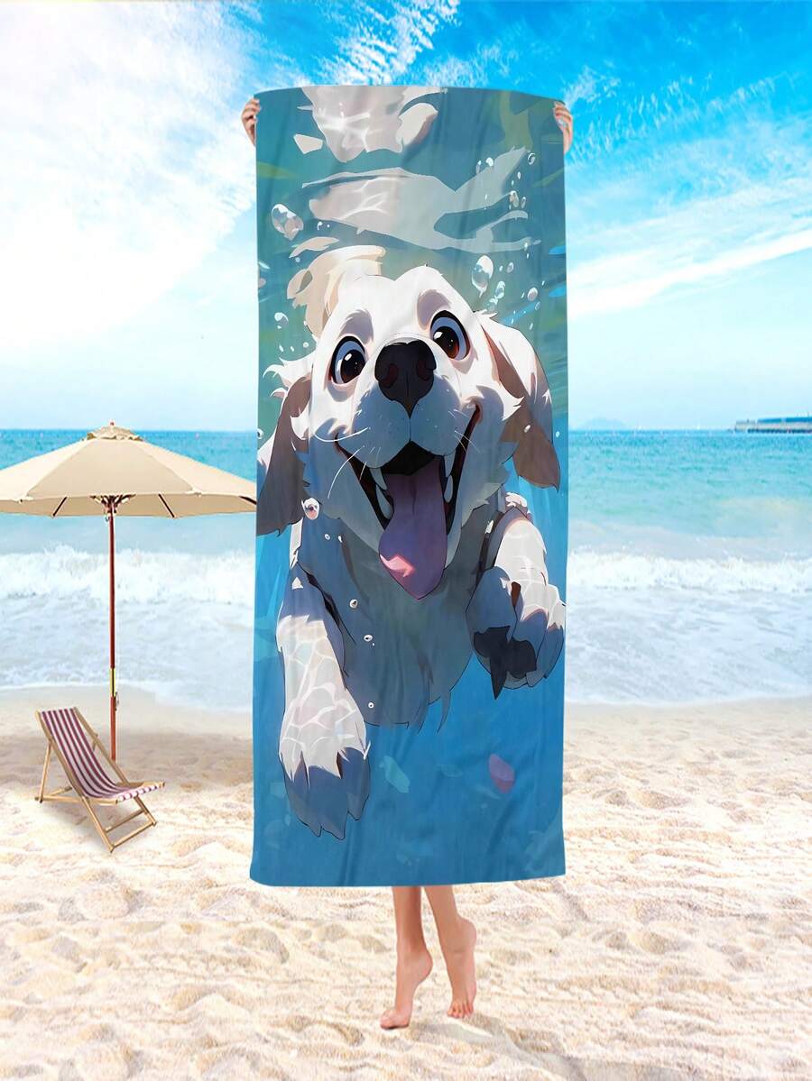 1條黃色卡通狗圖案微纖維浴巾,室外沙灘浴巾,超強吸水毛巾,戶外旅行裝備 - 彩色 - 查看 1