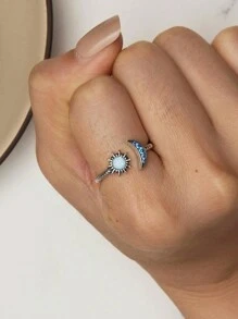 ESBERRY 1 件正品 925 纯银闪亮太阳和月亮开口戒指女士复古锆石戒指精美珠宝派对礼物 - 銀色 - 查看 3