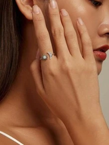 ESBERRY 1 件正品 925 纯银闪亮太阳和月亮开口戒指女士复古锆石戒指精美珠宝派对礼物 - 銀色 - 查看 5