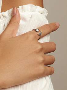 ESBERRY 1 件正品 925 纯银闪亮太阳和月亮开口戒指女士复古锆石戒指精美珠宝派对礼物 - 銀色 - 查看 4