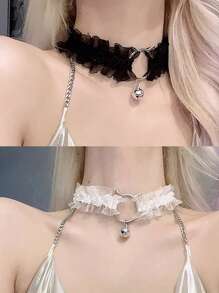 1pc Black & White Color Cat Style Lace Choker With Bell, Necklace & Cat Ear Pendant - Black - View 1
