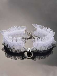 1pc Black & White Color Cat Style Lace Choker With Bell, Necklace & Cat Ear Pendant - Black - View 6