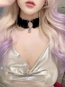 1pc Black & White Color Cat Style Lace Choker With Bell, Necklace & Cat Ear Pendant - Black - View 3