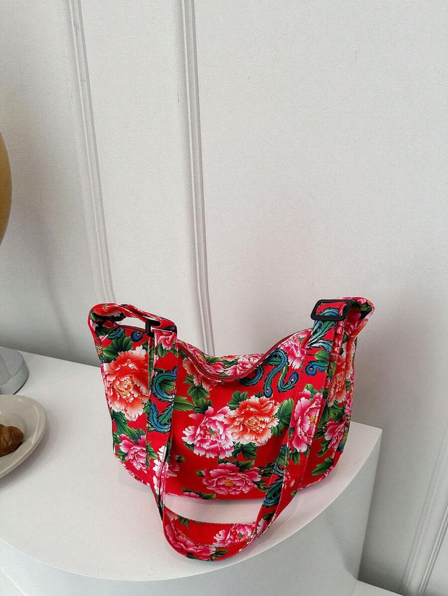 1pc Girls' Floral Printed Nylon Zippered Crossbody Bag, Suitable For Daily Use - Red - View 1