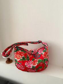 1pc Girls' Floral Printed Nylon Zippered Crossbody Bag, Suitable For Daily Use - Red - View 2