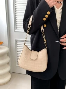 米色pu優雅簡約鱷魚紋肩背包,可容納大量物品,鏈條裝飾和扣環設計。適用於女性的日常上下班、購物、旅遊、假日、聚會、化妝存儲,以及作為送給女友或女性朋友的禮物,應節日或生日需求選擇。是時尚青年和時髦人士的流行時尚單品。 - 米色 - 查看 6