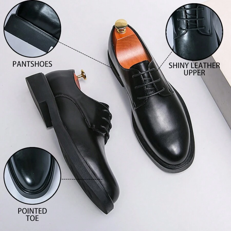 Men's Classic Simple Oxford Shoes, Glossy Black Professional/Work Shoes, Soft Leather & Sole, Comfortable & Casual Business/Formal Shoes - Black - View 1