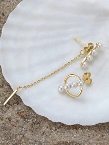 1 對 925 純銀不對稱流蘇耳環,天然巴洛克珍珠,時尚耳環 - 金黃色 - 查看 7