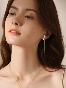 1 對 925 純銀不對稱流蘇耳環,天然巴洛克珍珠,時尚耳環 - 金黃色 - 查看 4