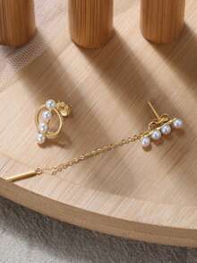 1 對 925 純銀不對稱流蘇耳環,天然巴洛克珍珠,時尚耳環 - 金黃色 - 查看 6