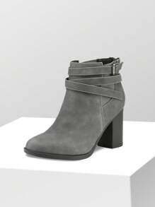 Chunky High Heel Ankle Boots Close Toe Fall Heeled Booties Shoes - Xám - Xem 7
