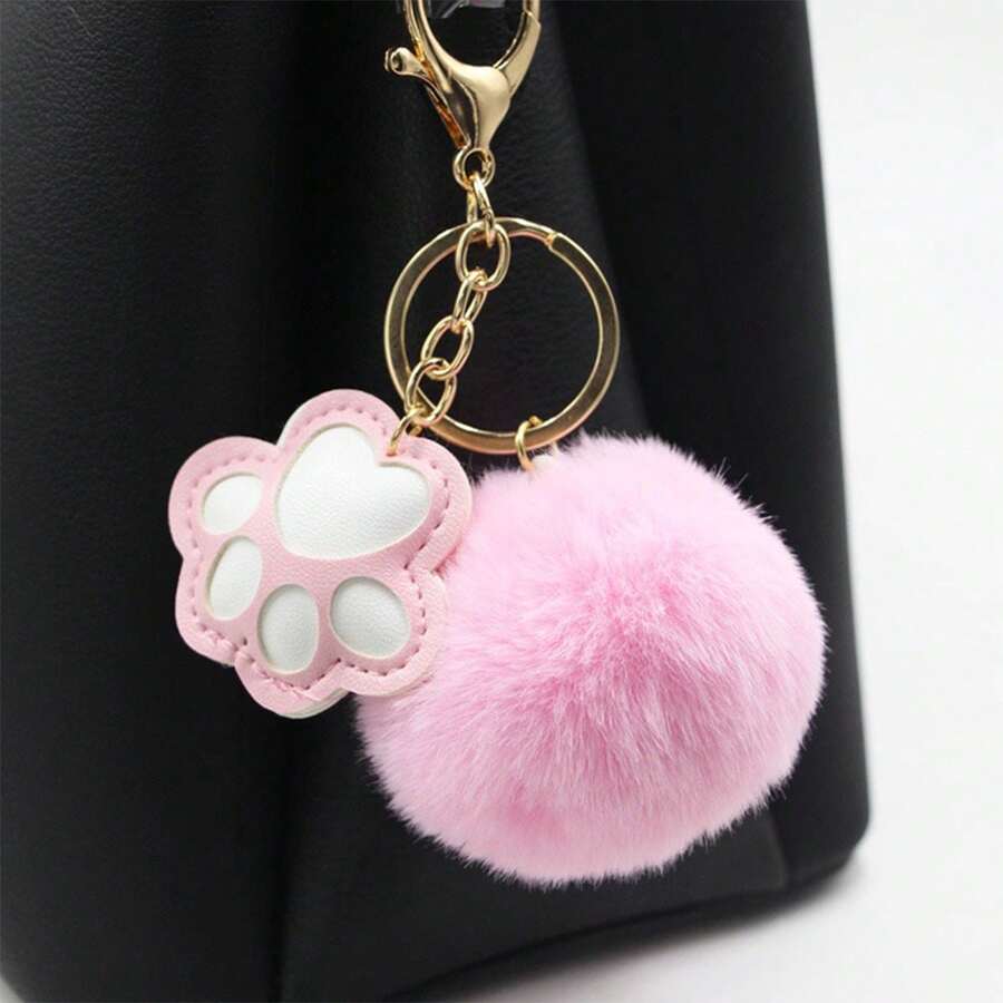 1pc Women'S Pink Furry Ball Keychain As Valentine'S Day, Thanksgiving Party Gift, Bag Pendant For Best Friend, Family - Pink - View 1