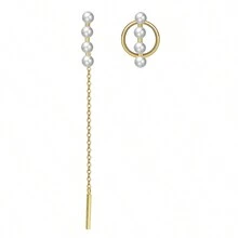 1 對 925 純銀不對稱流蘇耳環,天然巴洛克珍珠,時尚耳環 - 金黃色 - 查看 10