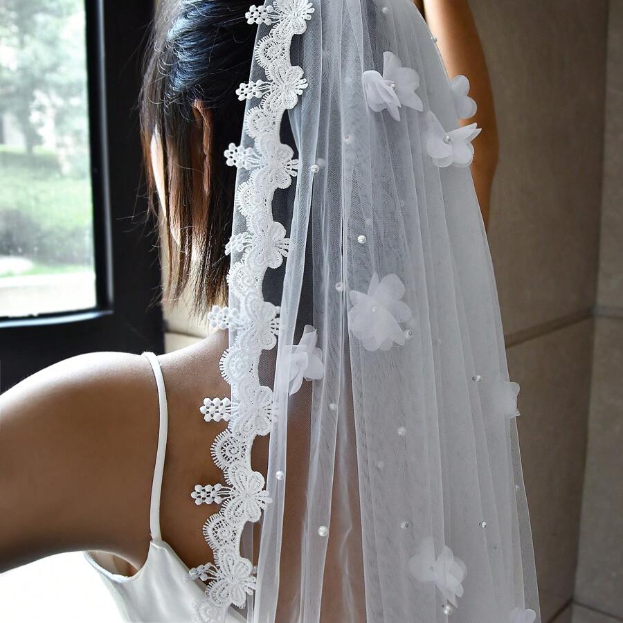 Short Bridal Veils Lace Edge Elbow Length 1 Tier Wedding Veil Pearls Bearde Butterfly Applique Bridal Accessories Fall Clothes For Women - Beige - View 1