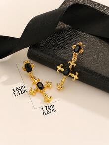 1 Pair Punk Style Cross Pendant Earrings, Unique Black Color Faux Crystal Earrings For Women - Gold - View 5
