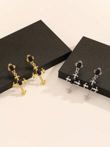 1 Pair Punk Style Cross Pendant Earrings, Unique Black Color Faux Crystal Earrings For Women - Gold - View 4