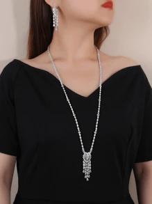 2 件铑方晶锆石毛衣链套装长流苏项链和耳环套装迪拜沙特阿拉伯女士装饰婚礼配饰礼盒圣诞礼物 - 水滴套裝禮盒 - 查看 2