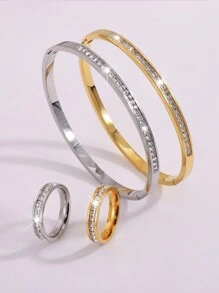 4 Pcs Of Light Luxury Design Advanced Simple Stainless Steel Single Row Drill Bracelet Ring Suitable For Holiday Gifts Friends