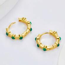 1對時尚簡約設計雙圈耳環,鑲有925純銀和天然綠玉石,精緻優雅多巴胺色寶石耳釘,適合女性日常穿搭,作為送給她的禮物 - 綠色 - 查看 4