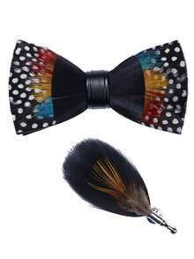 New Handmade Feather Bow Tie Set For Men's Wedding, Groom, Groomsman, Host, Party, Business (With Gift Box & Brooch) - Multicolor - View 4