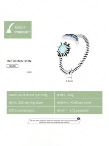ESBERRY 1 件正品 925 纯银闪亮太阳和月亮开口戒指女士复古锆石戒指精美珠宝派对礼物 - 銀色 - 查看 7