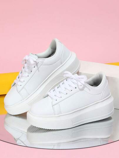 Neue weiße Mode Farbblock Schnürschuhe, bequem und süß, geeignet für Reisen, Pendeln, Freizeit und Schulveranstaltungen, Plateauschuhe