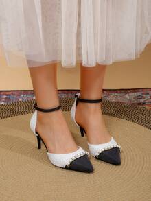 2024夏季新款女式高跟鞋-帶踝帶設計的尖頭珍珠細高跟涼鞋,中空設計,法式風格高跟鞋 - 米色 - 查看 4