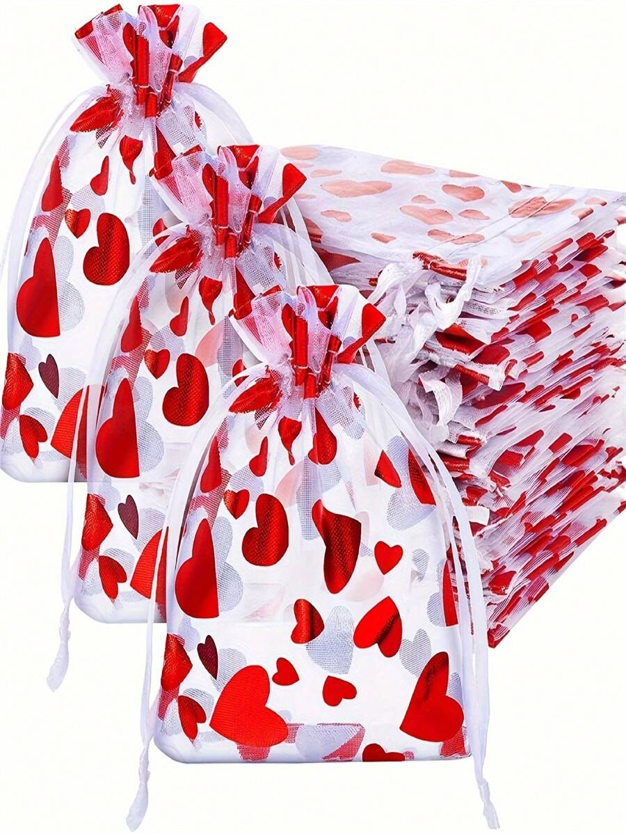 20/50Pcs,Heart Pattern Drawstring Detail Gift Wrapping Bag, Modern Polyester Gift Bag For Party For Wedding Candy Decor Bag - Red - View 1